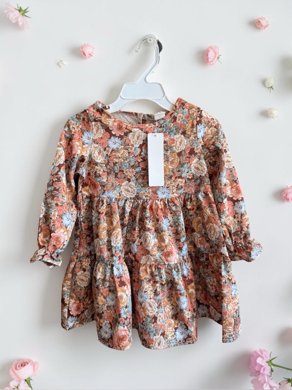 NWT SHEIN Floral Tiered Long-Sleeve Dress in Rust, Blue, Cream